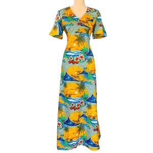 Vintage 60s 70s Hawaiian Tropical Sunset Outrigger Hibiscus Print Maxi Dress